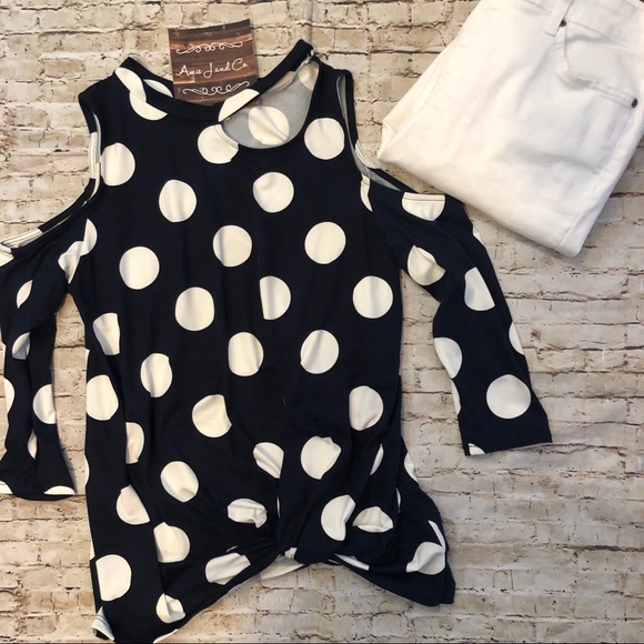 Navy cold shirt polka dot top with twist tie front - Picture 3 of 8